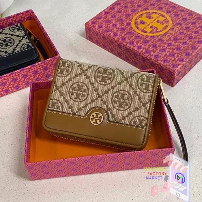 DOMPET TORY BURCH 79381 MONOGRAM JACQUARD BIFOLD WALLET Hazel ORIGINAL - Hazelnut Vs