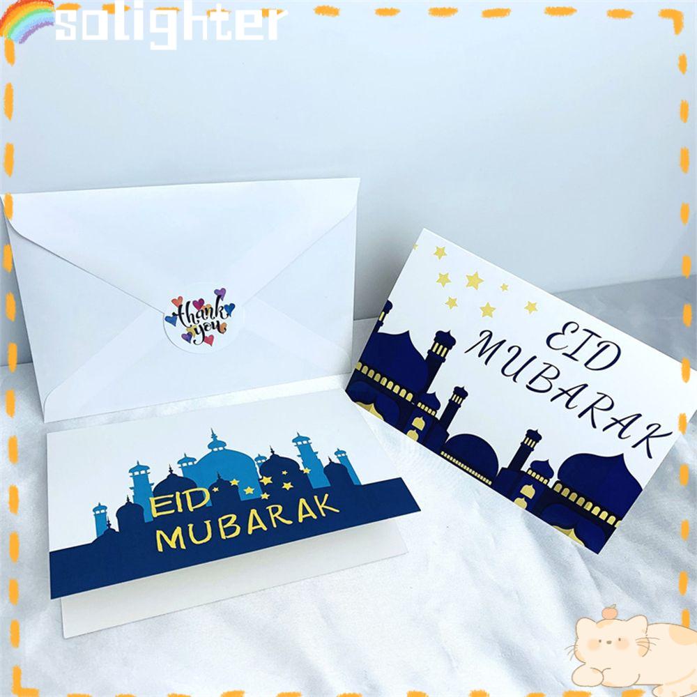 Solighter 6pcs/set Kartu Eid Mubarak Dengan Amplop Kareem Party Gereja Ramadan Greeting Card