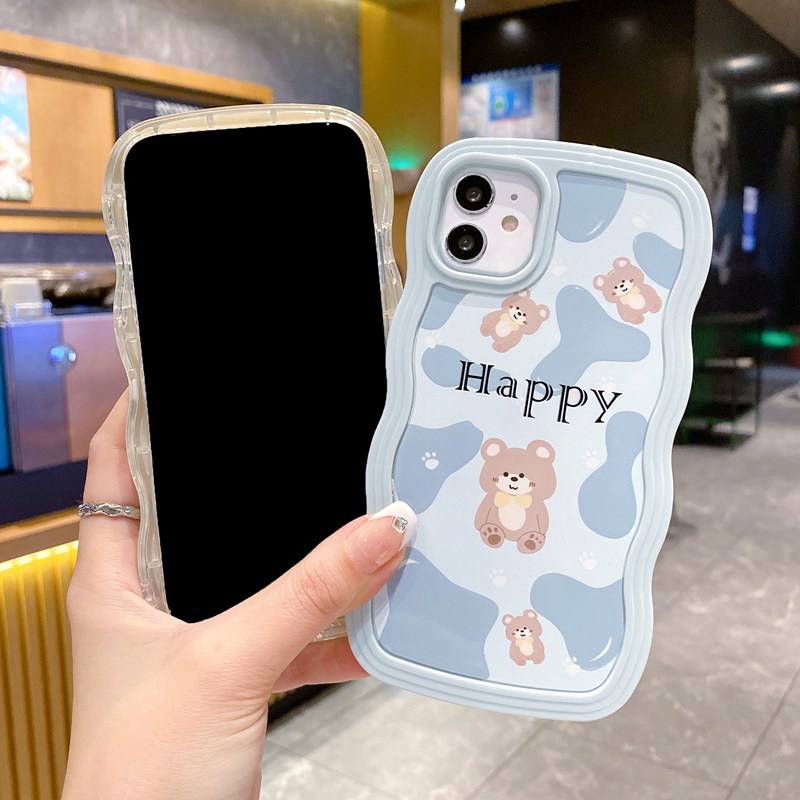 Happy Brown Bear 2in1 Wave Soft Case HP iP iPhone 14 13 12 11 Pro X XS XR Max 7 8 + Plus Blue White FTD Casing