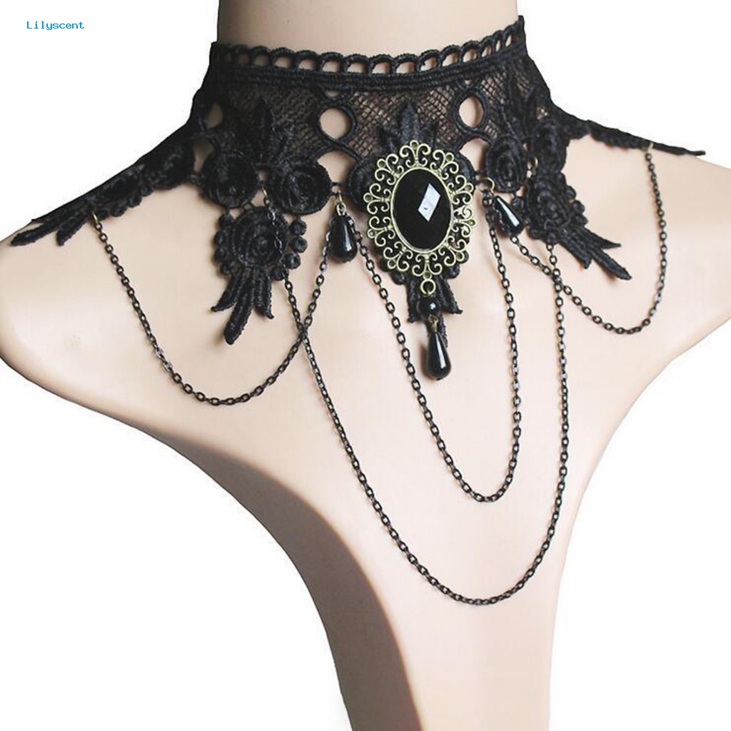 Lilyscent Anting Kait Lebar Perhiasan Fashion Gaya Gothic Punk Choker Kalung Gelang Renda Bunga