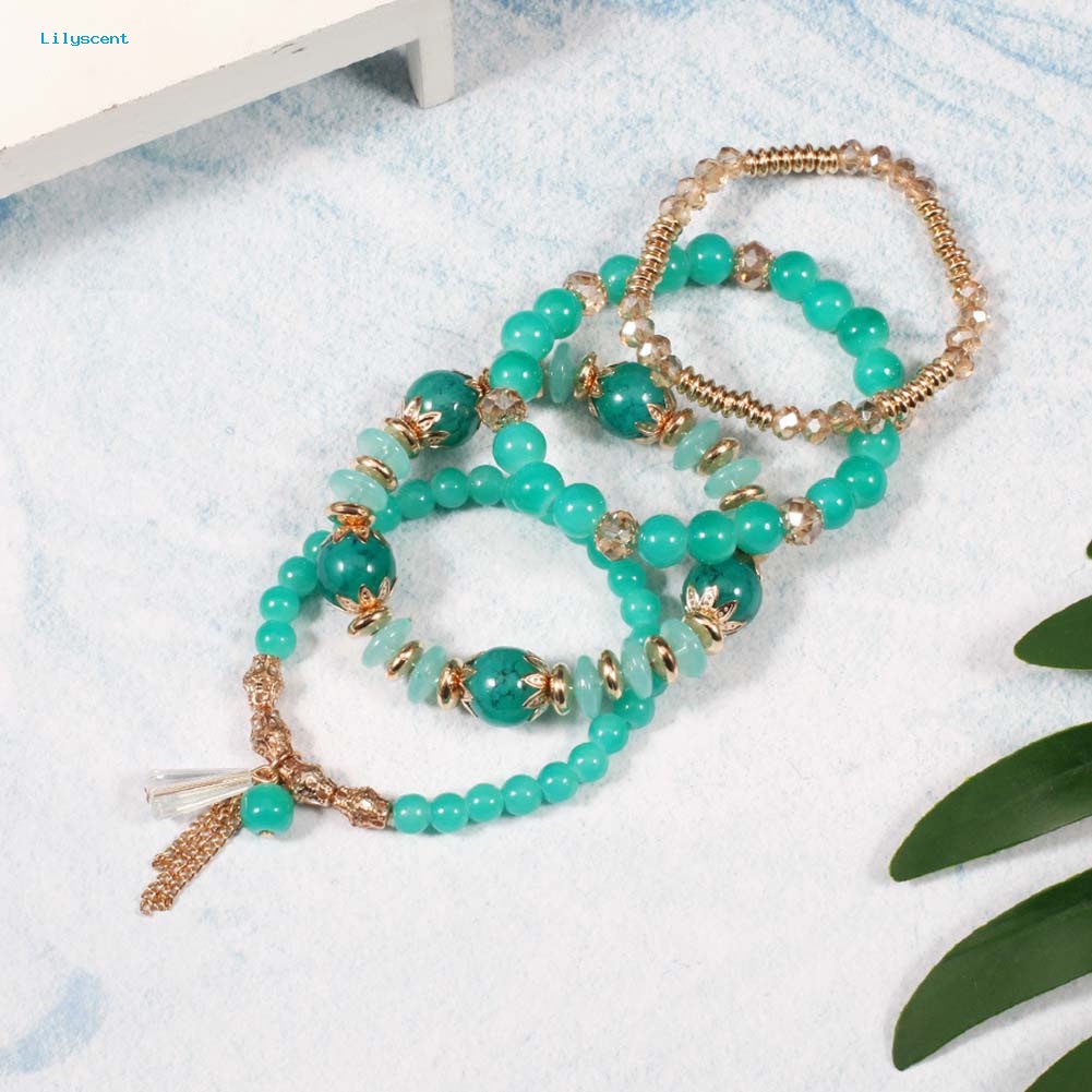 Lilyscent 4Pcs/Set Boho Faux Agate Mutiara Rumbai Rantai Pesona Manik-Manik Gelang Wanita Perhiasan