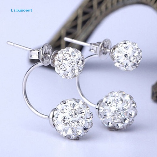 Lilyscent Lady U-shape Spherical Micro Rhinestone Silver Tone Ear Studs Earrings Perhiasan