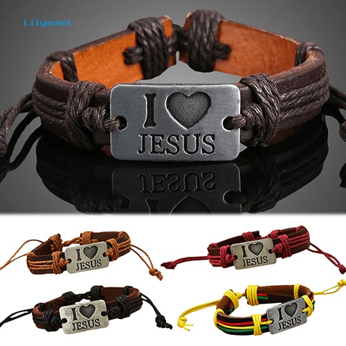 Lilyscent Unisex I LOVE JESUS Faux Leather Bangle Tali Rami Rantai Adjustable Bracelet