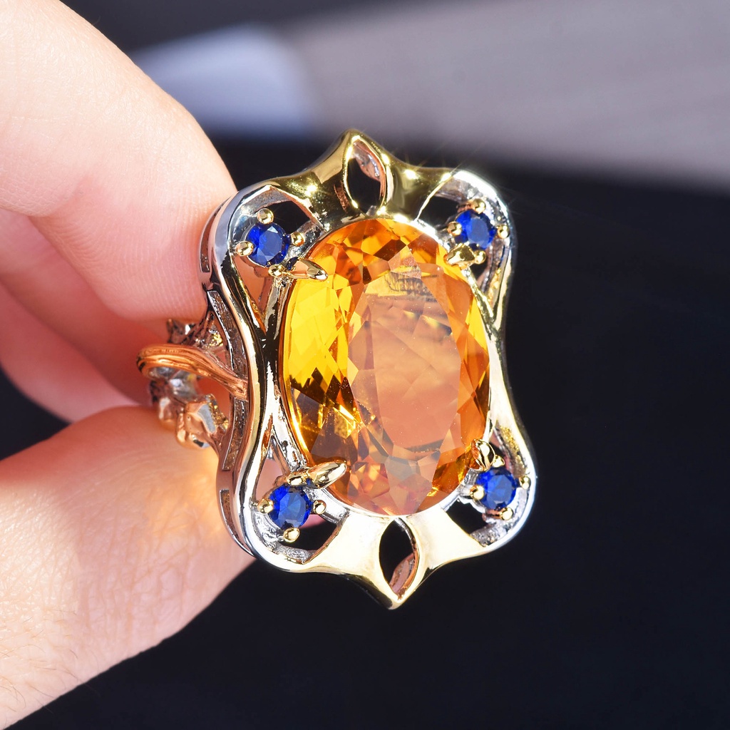 Goldkingdom Fashion Perhiasan Aksesoris Ready Stock Pengadilan Ukir Kerajinan Berlian Kuning Berwarna Harta Karun Cincin Cahaya Mewah Vintage Two-tone Terbuka Cincin Wanita