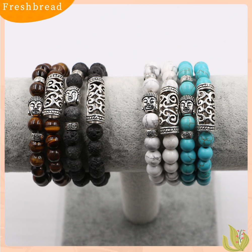 &lt; Freshbread &gt; Fashion 2 Pcs Batu Alam Yoga Perhiasan Unisex Buddha Kepala Manik-Manik Gelang Set