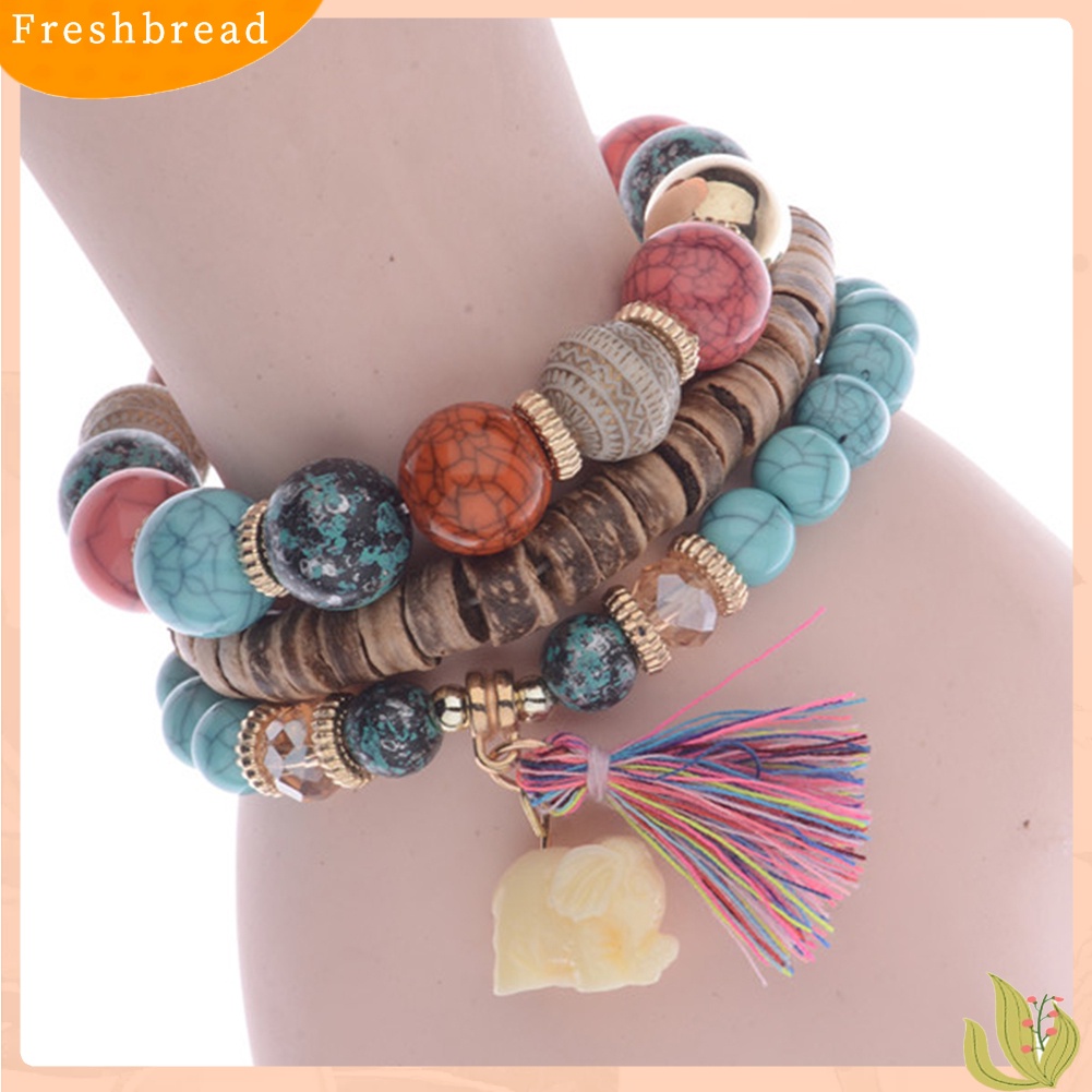 &lt; Freshbread &gt; 3Pcs/Set Bohemian Wanita Gajah Rumbai Pesona Ceko Batu Manik-Manik Gelang Hadiah