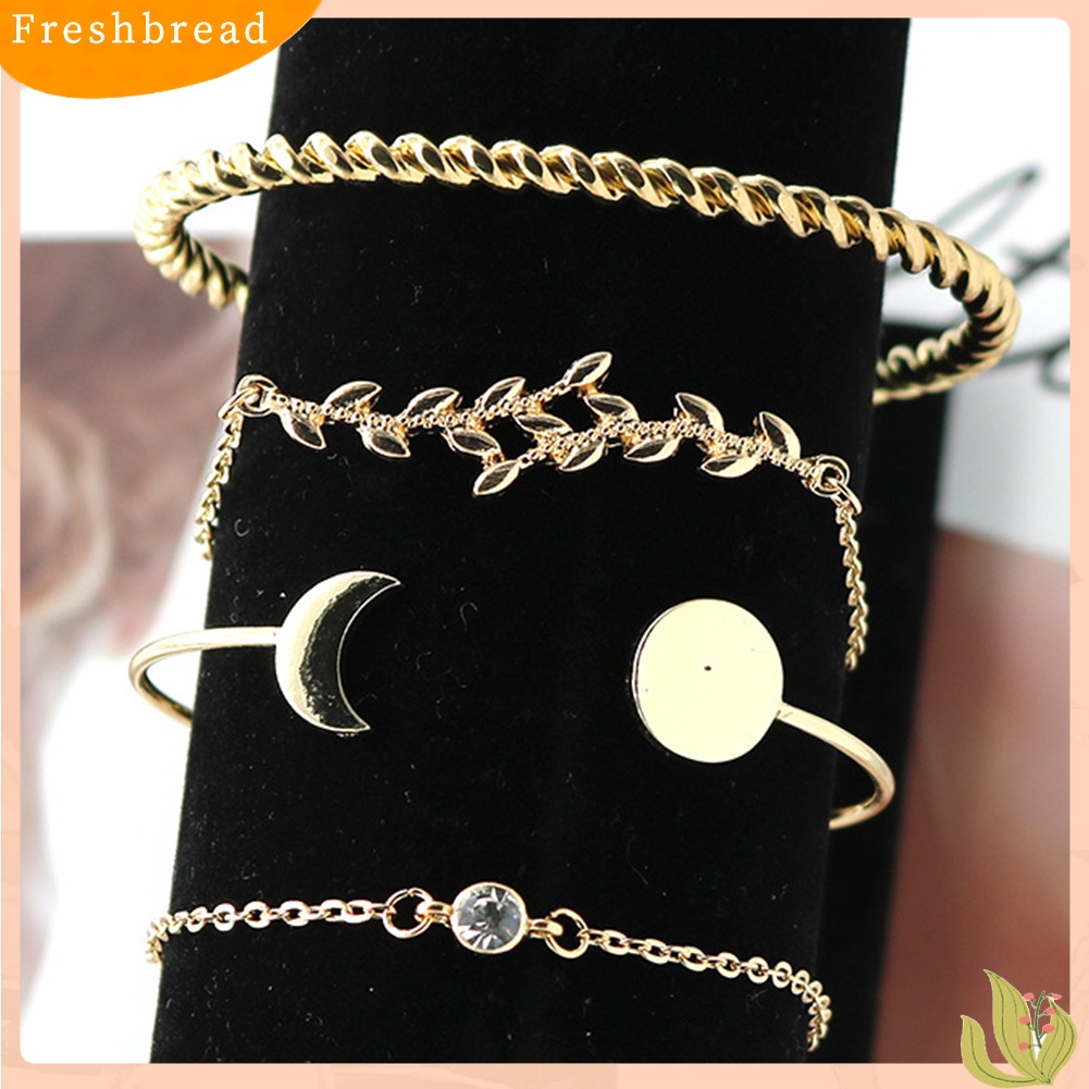 &lt; Freshbread &gt; 4Pcs/Set Wanita Fashion Bulan Memutar Terbuka Bangle Daun Berlian Imitasi Bertatahkan Gelang