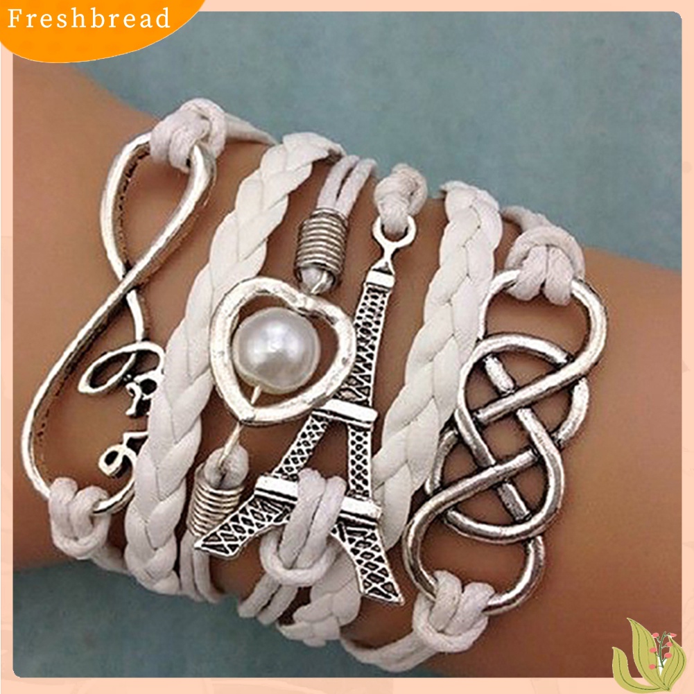 &lt; Freshbread &gt; Wanita Chic Dikepang Multilayer Cinta Hati Menara Eiffel Gelang Kulit Imitasi