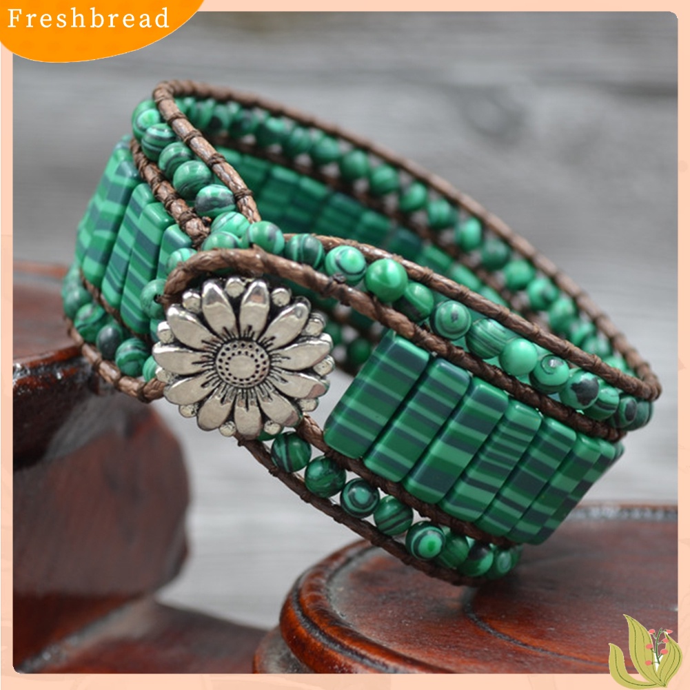 &lt; Freshbread &gt; Boho Wanita Kulit Imitasi Multilayer Malachite Manik-Manik Bunga Gelang Perhiasan