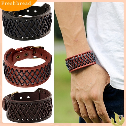 &lt; Freshbread &gt; Pria Wanita Gaya Punk Kepang Lebar Kulit Bangle Retro Gelang Cuff Bracelet