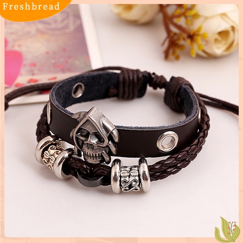 &lt; Freshbread &gt; Fashion Pria Wanita Punk Tengkorak Dikepang Kulit Imitasi Multilayer Buatan Tangan Gelang