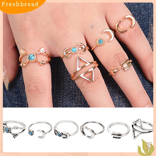 &lt; Freshbread &gt; 6Pcs Turquoise Arrow Moon Triangle Above Knuckle Ring Cincin Tumpuk Ujung Jari Tengah