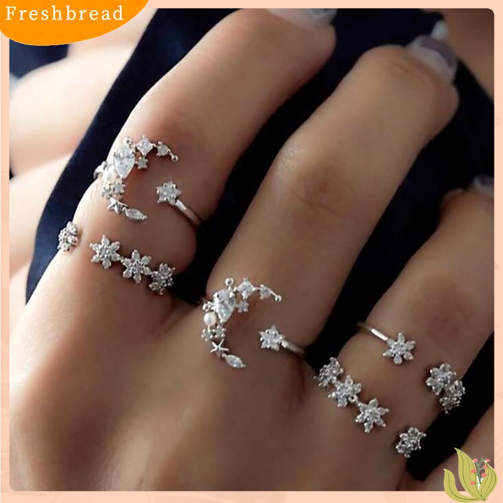 &lt; Freshbread &gt; 5Pcs/Set Fashion Wanita Berlian Imitasi Hias Bulan Bintang Bunga Susun Midi Cincin