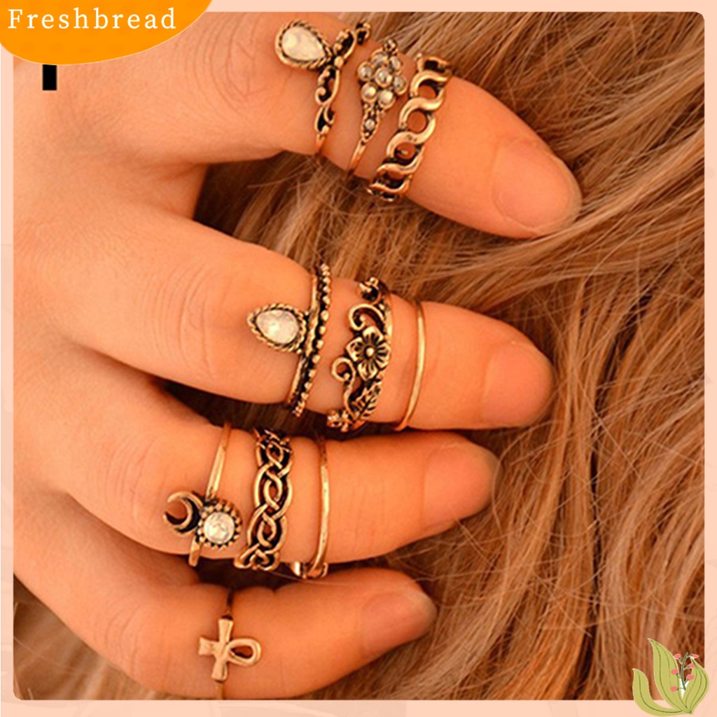 &lt; Freshbread &gt; 10Pcs/Set Cincin Jari Buku Jari Vintage Anti Karat Bunga Hollow Wanita Perhiasan Untuk Camping