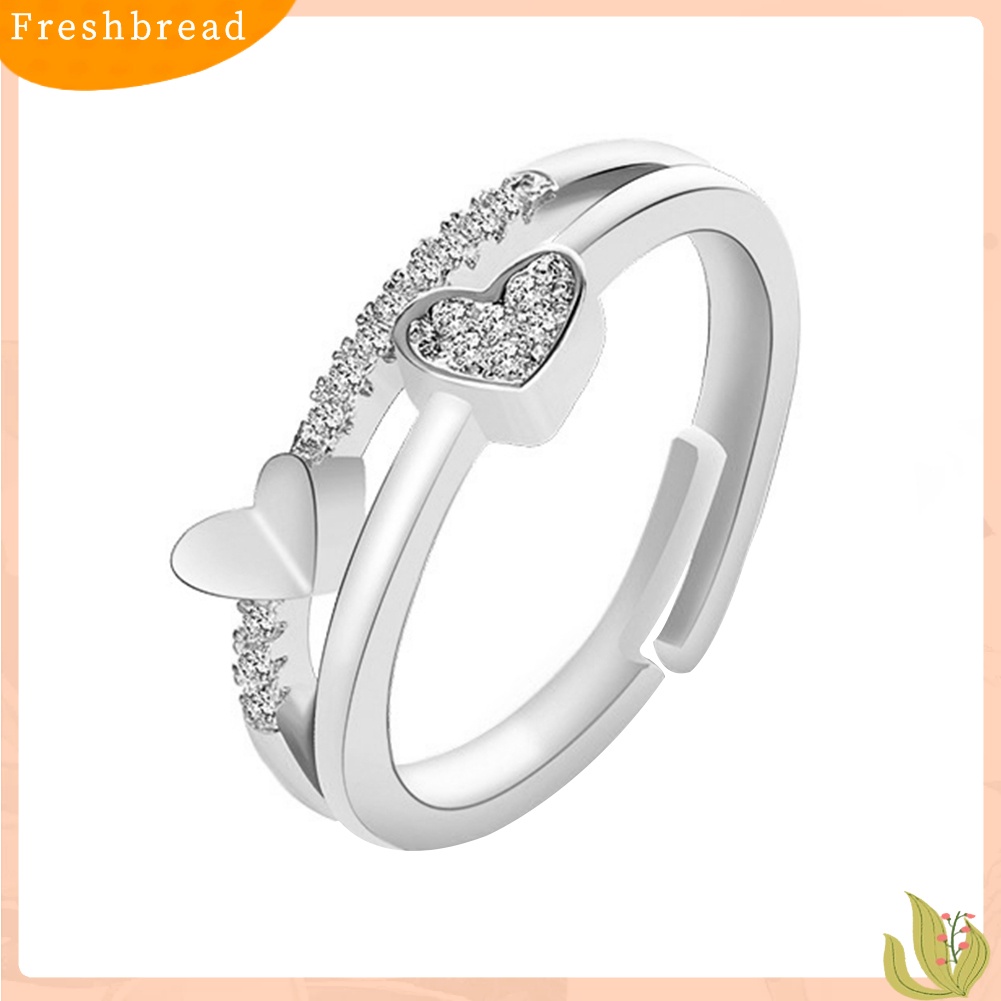 < Freshbread > Wanita Fashion Berlian Imitasi Bertatahkan Hati Ganda Berongga Band Pembukaan Cincin Perhiasan