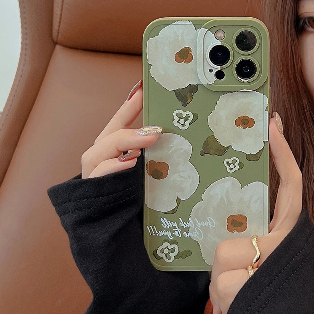 IPHONE [Mata Kucing] Soft Case TPU Anti Slip Untuk Iphone7Plus8 Plus X XS XR XS Max11 13 12 14 PRO Max14 Plus Ins Fashion Wanita Bunga Edelweiss Hijau