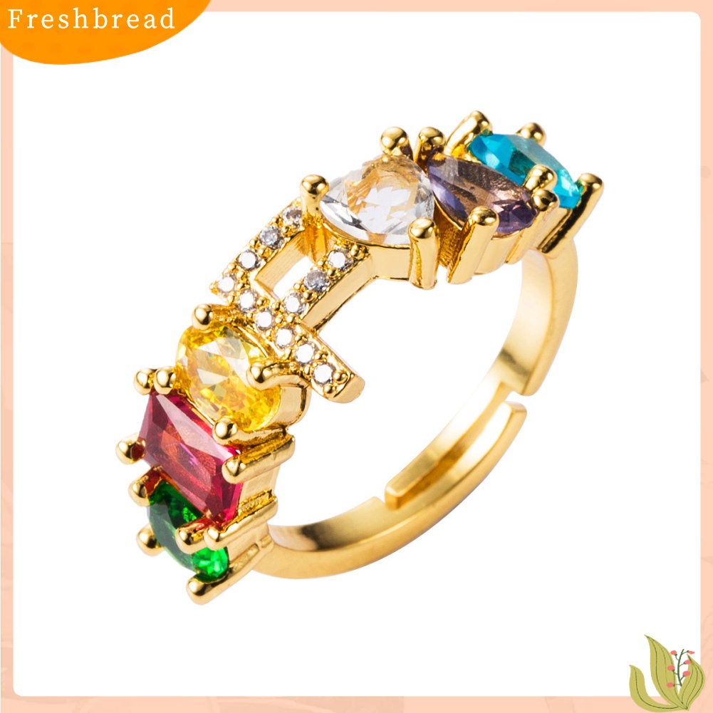 &lt; Freshbread &gt; Unisex Rainbow Cubic Zirconia Bertatahkan Surat Terbuka Cincin Adjustable Perhiasan Hadiah