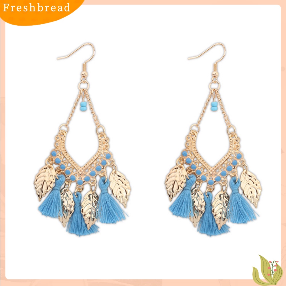 &lt; Freshbread &gt; Gaya Etnik Bohemian Jumbai Daun Logam Panjang Drop Hook Anting Wanita Perhiasan