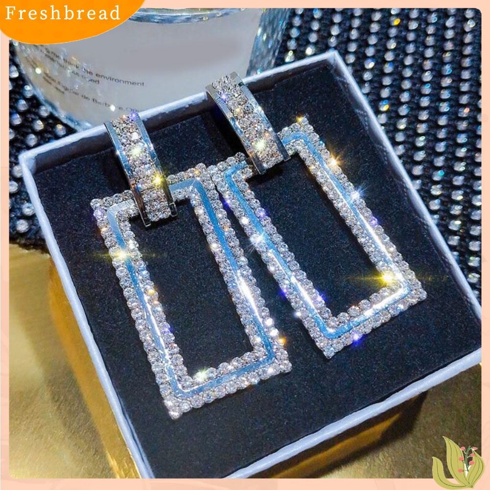 &lt; Freshbread &gt; Wanita Berlian Imitasi Bertatahkan Berongga Persegi Panjang Menjuntai Ear Stud Earrings Perhiasan Hadiah