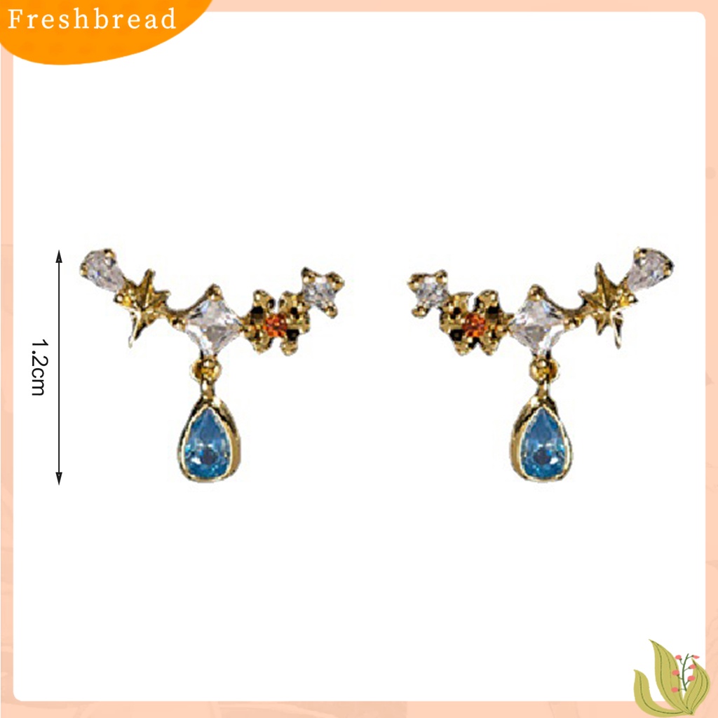 &lt; Freshbread &gt; Kalung Wanita Vintage Tahan Aus Anting Copper Silver Post Blue Water Drop Zircon Untuk Musim Panas