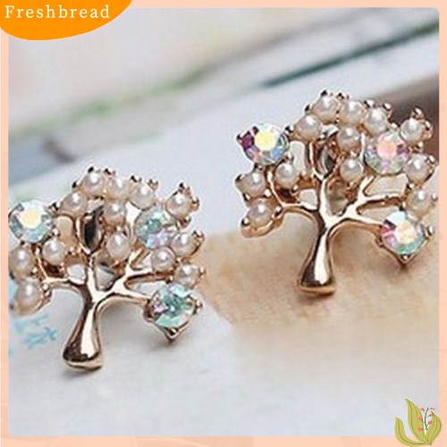 &lt; Freshbread &gt; Fashion Wanita Lucu Berlian Imitasi Mutiara Imitasi Bentuk Pohon Kecil Stud Earrings