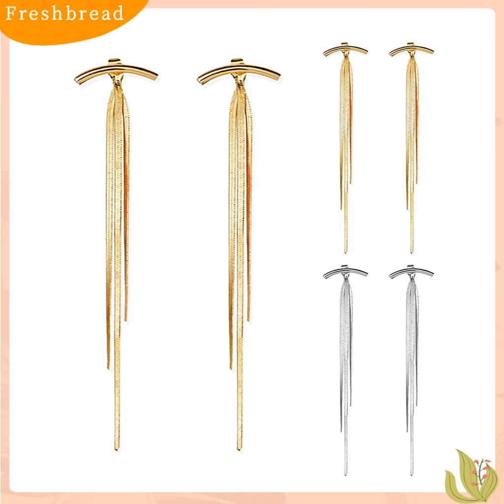 < Freshbread > 1pasang Benang Panjang Rumbai Menjuntai Anting Logam Glossy Arc Bar Stud Earrings Perhiasan Aksesoris