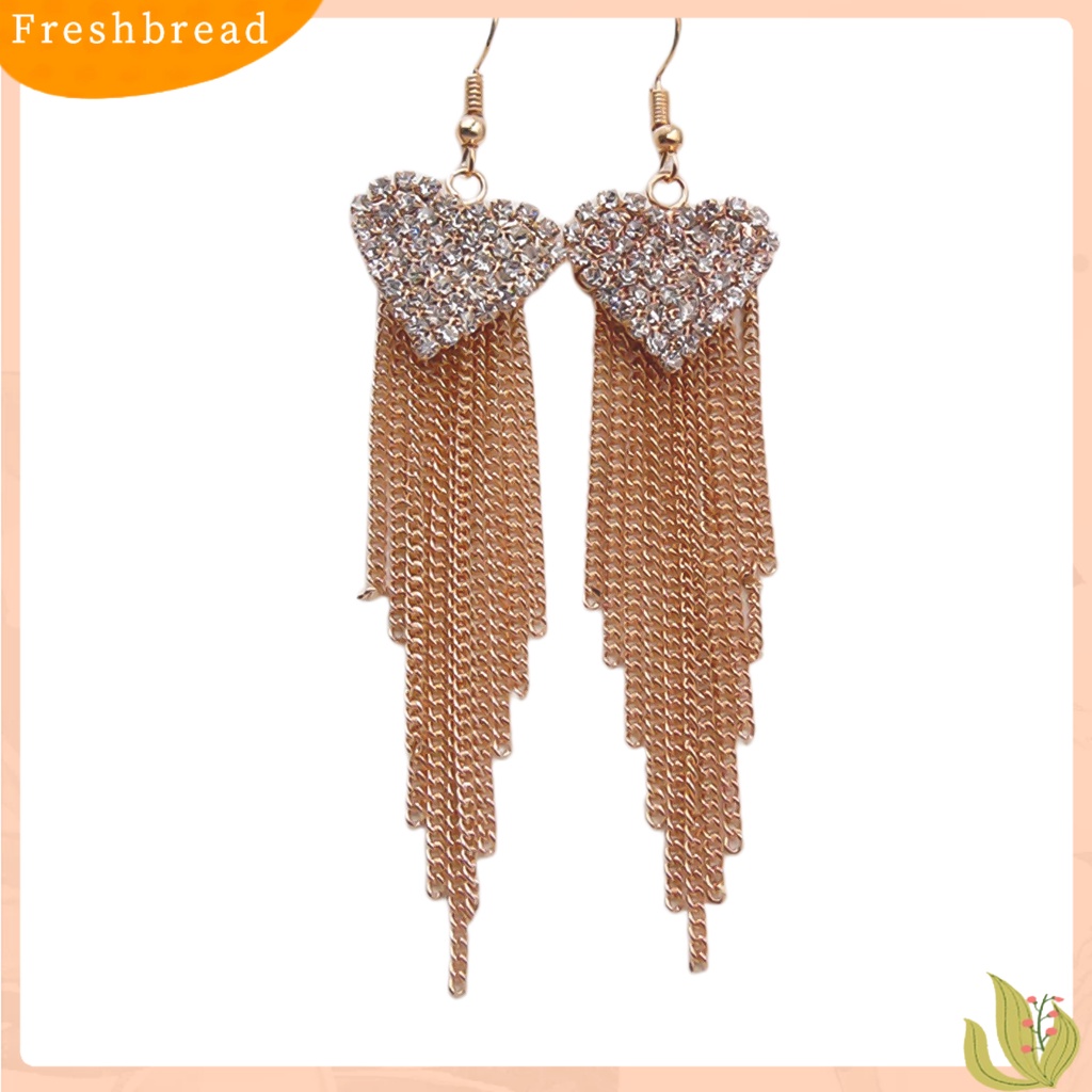 &lt; Freshbread &gt; Anting Linear Love Bentuk Hati Hias Berlian Imitasi Wanita Jumbai Panjang Menjuntai Kait Earrings Perhiasan Untuk Pesta