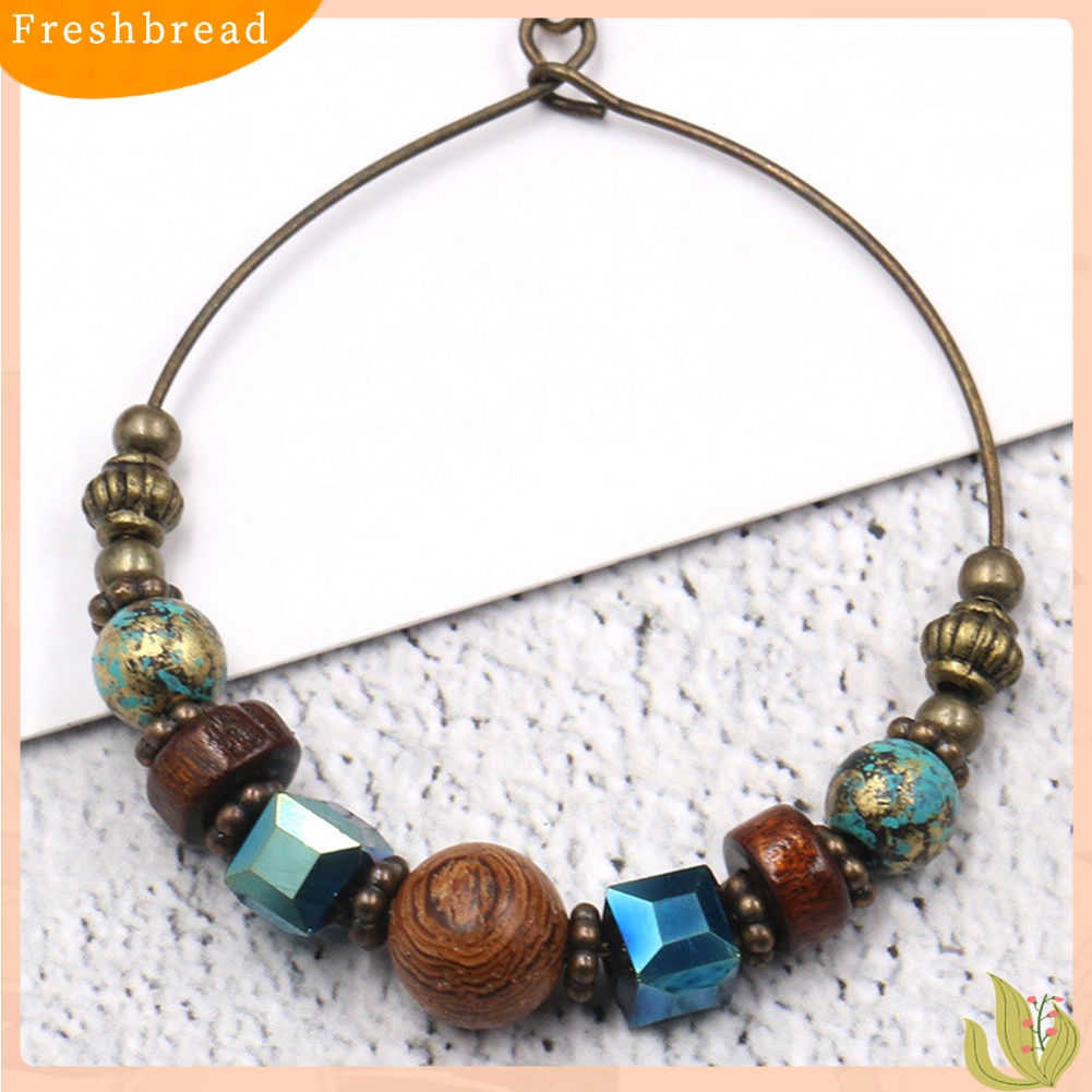 &lt; Freshbread &gt; Bohemian Lingkaran Besar Manik-Manik Kayu Kait Anting Wanita Etnik Faux Turquoise Jewelry