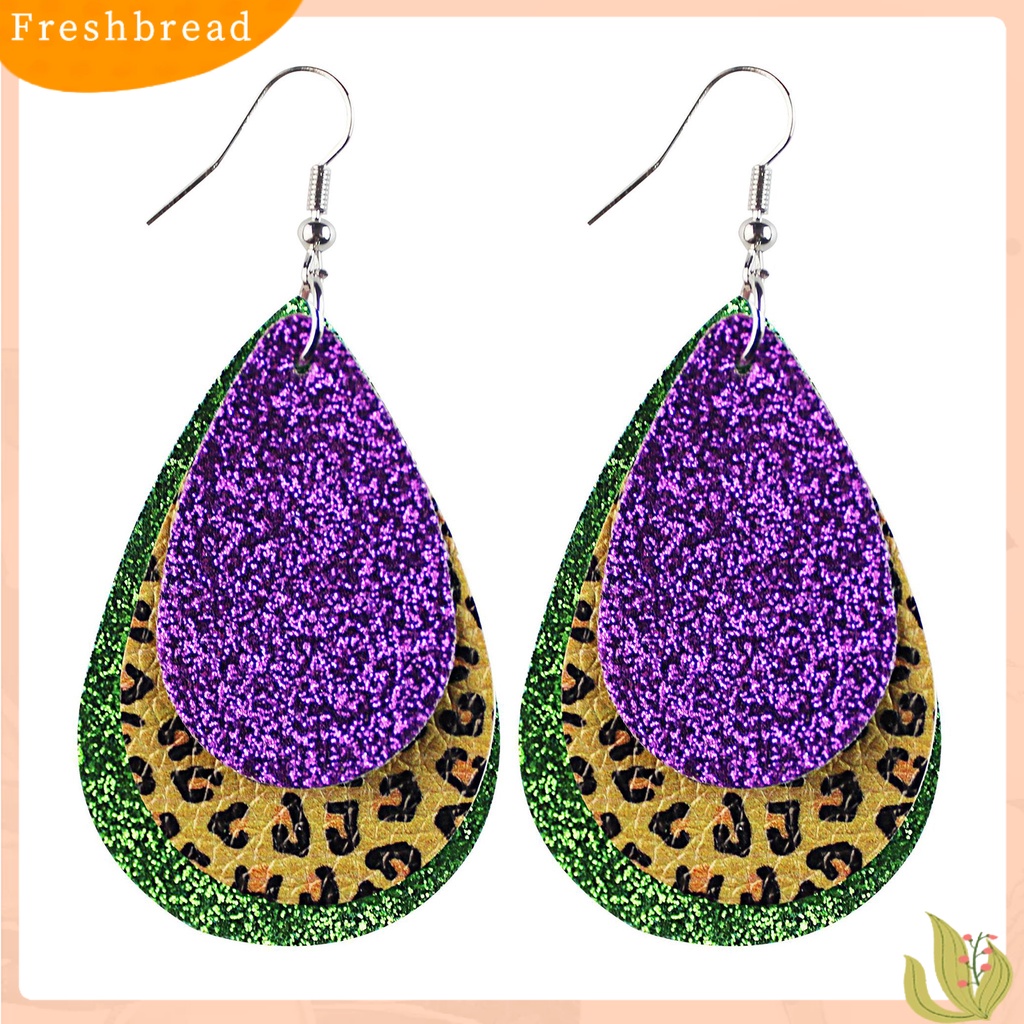 &lt; Freshbread &gt; 1pasang Anting Kait Warna-Warni Glitter Teardrop Berbentuk Daun 3lapisan Kulit Imitasi Menjuntai Anting Perlengkapan Karnaval