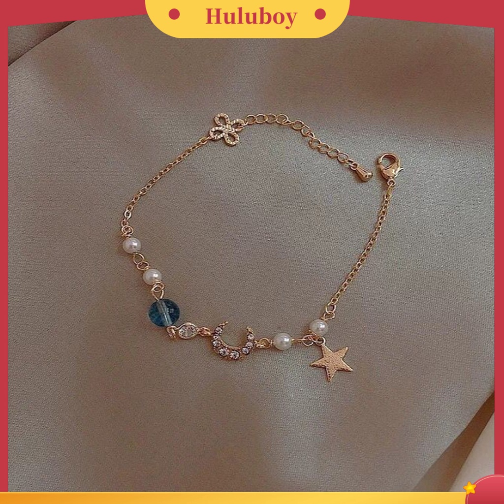 {Ready Stock} Sweet Star Faux Pearl Moon Beads Gelang Rantai Alloy Adjustable Untuk Anniversary