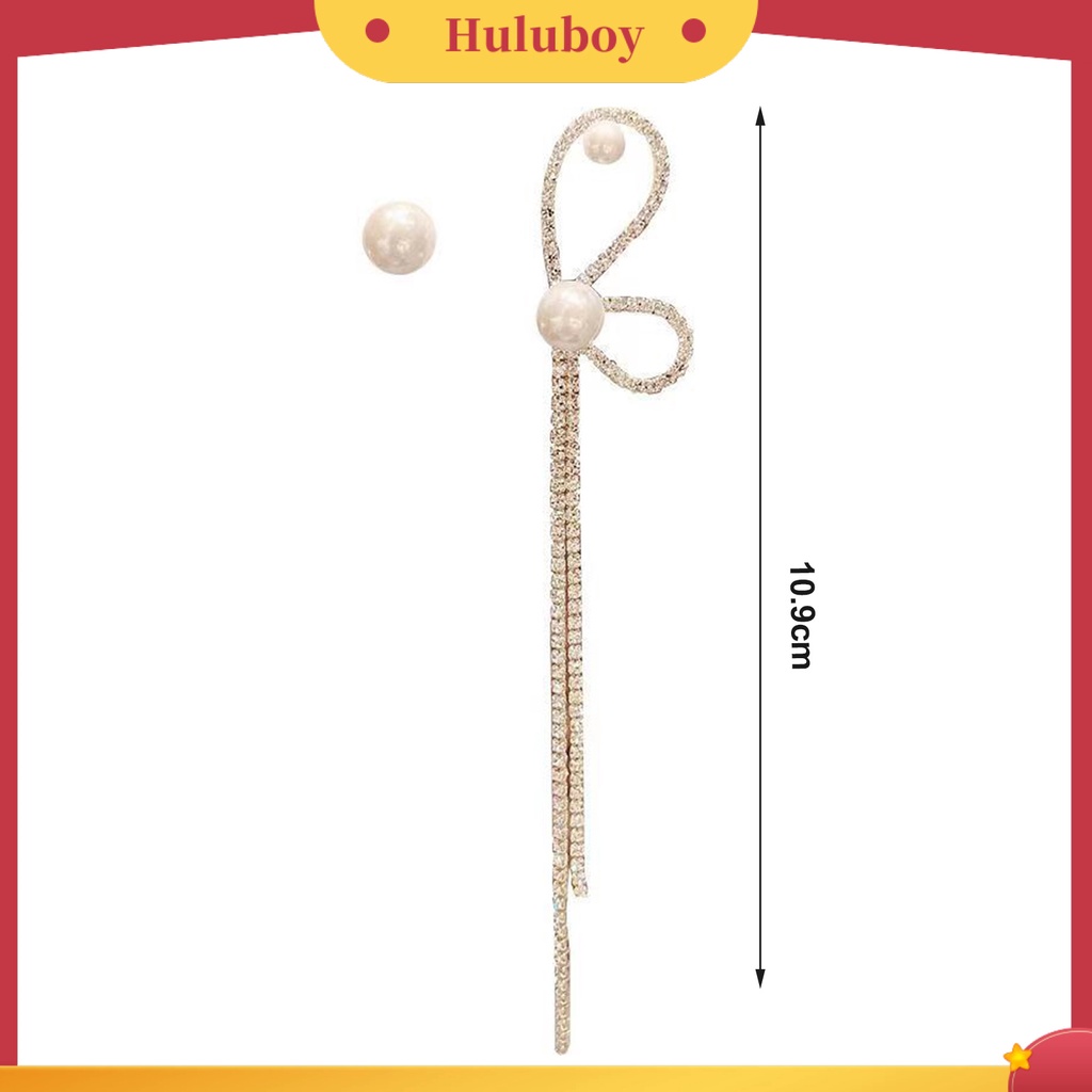{Ready Stock} 1pasang Anting Rumbai Asimetri Busur Mutiara Imitasi Berlian Imitasi Bersinar Dekorasi Tahan Luntur Panjang Rumbai Menjuntai Anting Gantung Aksesoris Perhiasan