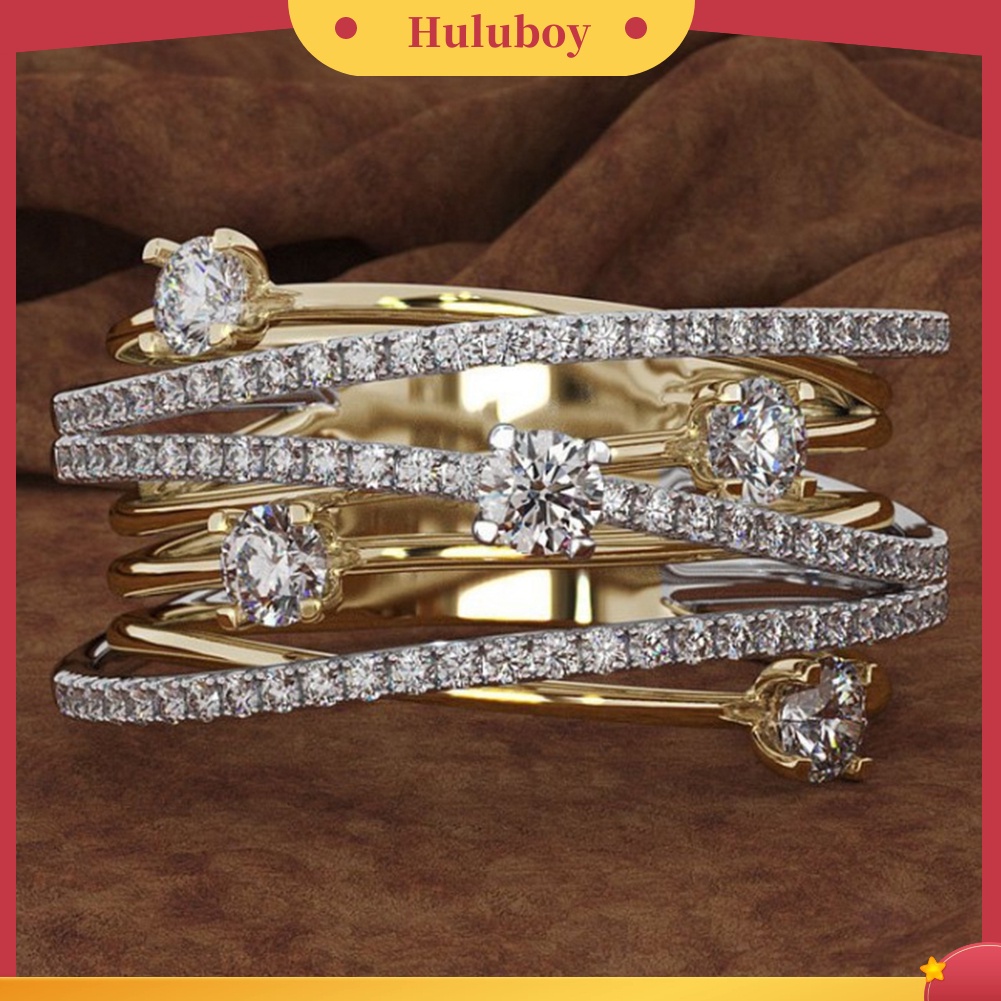 {Ready Stock} Fashion Wanita Salib Dual Warna Cubic Zirconia Bertatahkan Cincin Pernikahan Perhiasan Hadiah