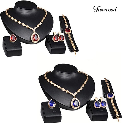 Twowood Wanita Fashion Berlian Imitasi Liontin Kalung Cincin Gelang Anting Set Perhiasan