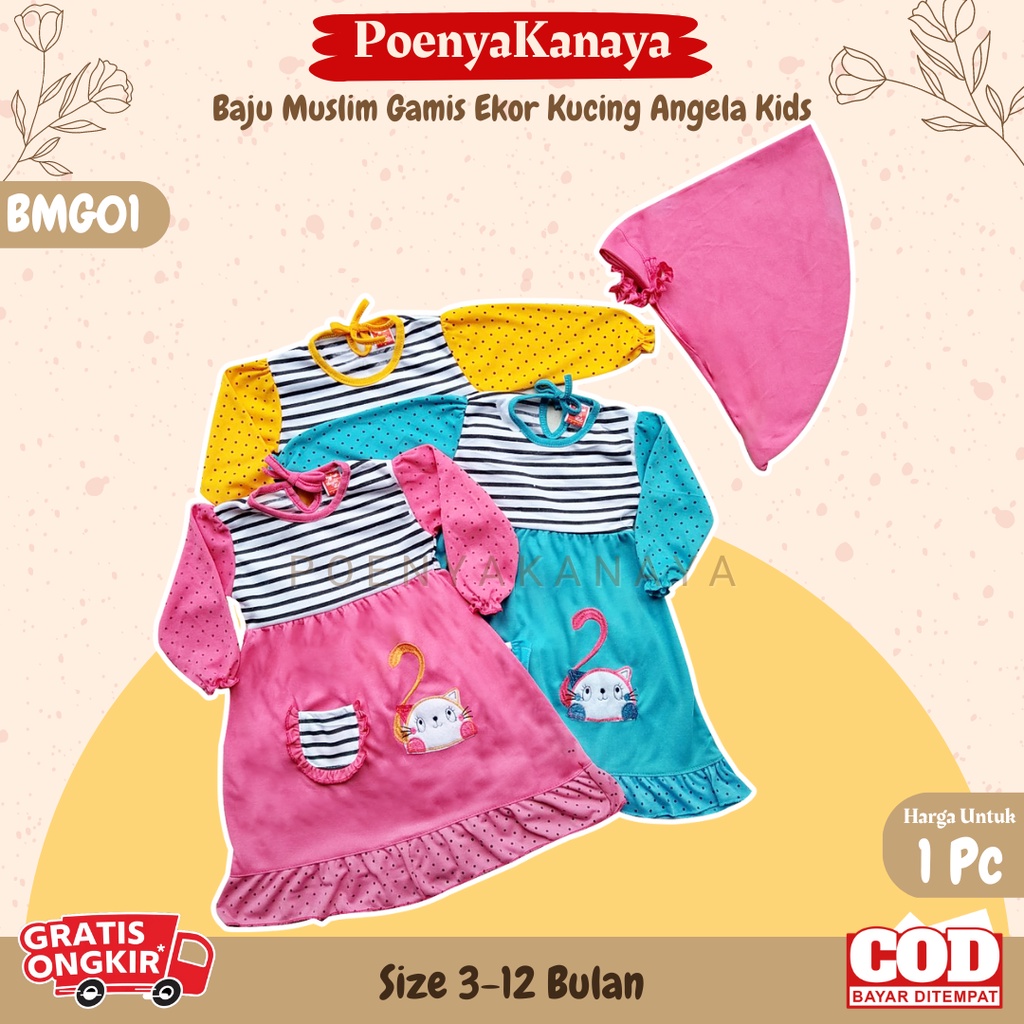 Baju Muslim Gamis Bayi Anak Perempuan dan Kerudung EKOR KUCING Angela Kids 3-12 Bln BMG01