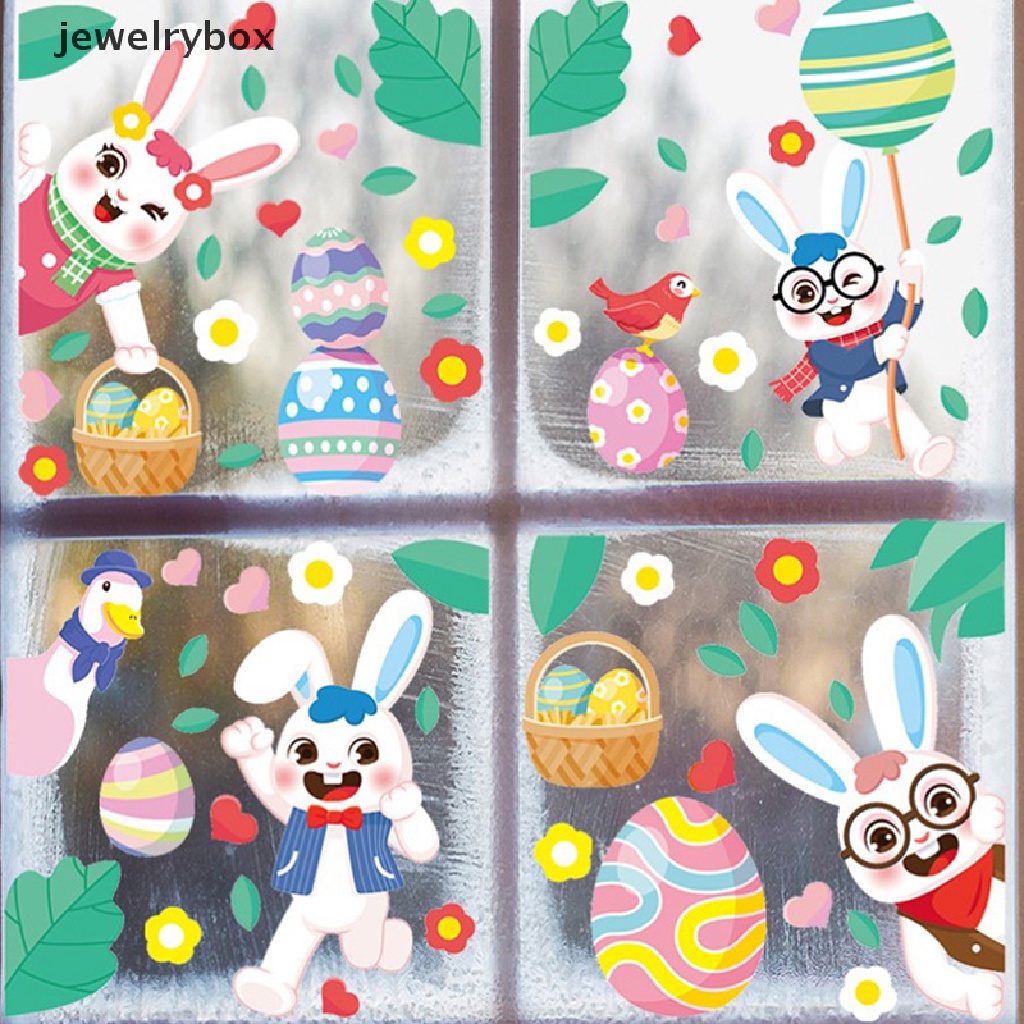 [jewelrybox] 1pc Stiker Jendela Kaca Happy Easter Colorful Bunny Eggs Wall Sticker 20x30cm Butik