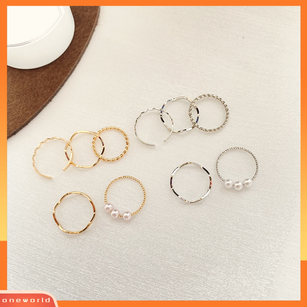 [EONE] 5pcs Cincin Jari Bergelombang Gaya Jepang Korea Mutiara Imitasi Perhiasan Electroplating Stackable Rings Set Untuk Pesta Pernikahan Perjamuan Prom