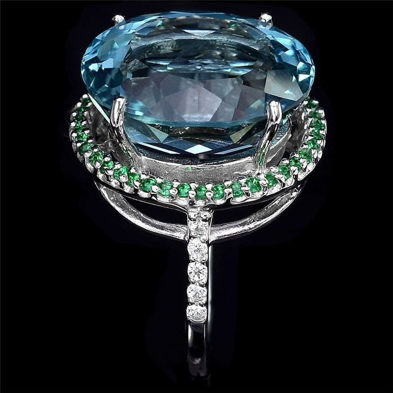 Goldkingdom Aksesoris Perhiasan Fashion Ready Stock Set Dengan Cincin Topaz Aquamarine Berbentuk Telur Berlian Hijau Diamond Band