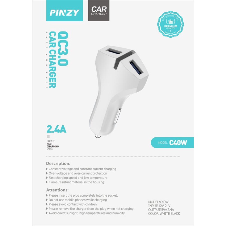 PINZY C40W CAR Charger 2 USB Fast Charging kabel data Lightning Type C Micro USB saver adaptor Mobil batok cas HP original