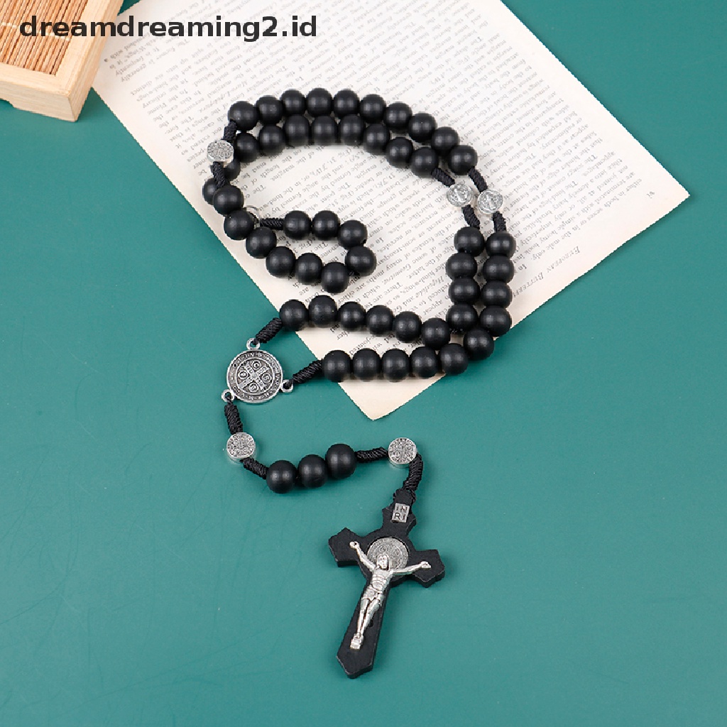 (hot) Kalung Manikmanik Salib Hitam Rohani Salib Yesus Saint Antik Religi//