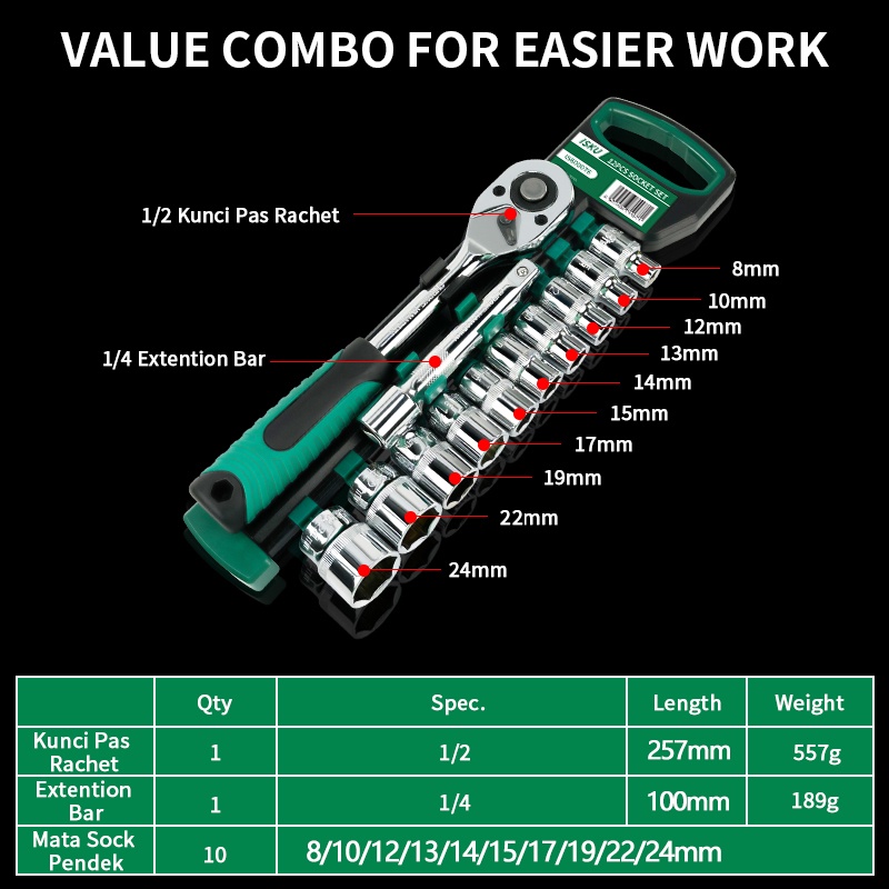ISKU kunci sok socket set 12 pcs kunci pas ratchet 1/2 inch kunci toris extention bar wrench set bahan chrome vanadium 8-24mm mata sok