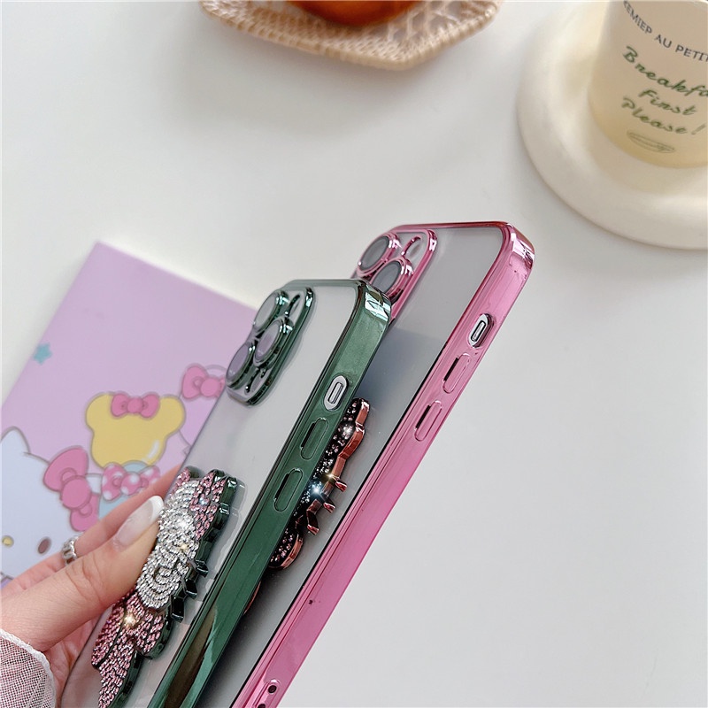 Casing Ponsel hello kitty Kristal Mengkilap Mewah Kompatibel Untuk iphone11 12 13 14PROMAX X XS XR XSMAX 14Pro Dengan film Pelindung Lensa shockproof back cover casing