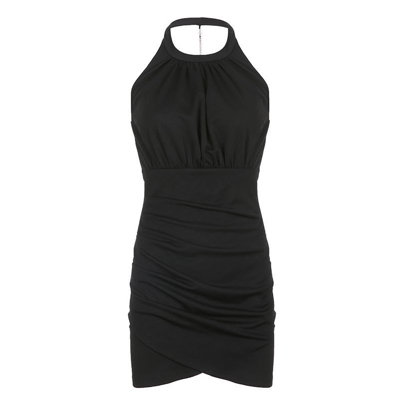 Red Rapcopter Eropa dan Amerika berlipit halter neck dress wanita rompi pendek slim fit hot girl bag hip skirt