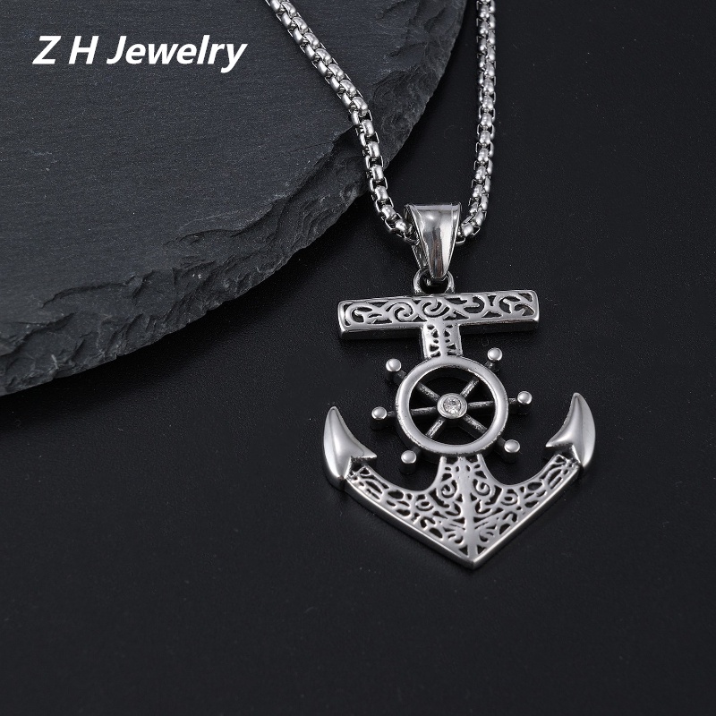 [Z H Perhiasan] Vintage Perahu Jangkar Hip Hop Liontin Pria Dan Wanita Fashion Stainless Steel Kalung Punk Pesta Rock Perhiasan Aksesoris