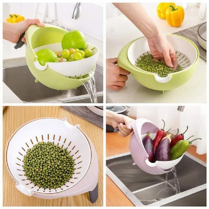 Baskom Saringan Masak Pembersih Buah Sayur Beras Rolling Colander 2in1