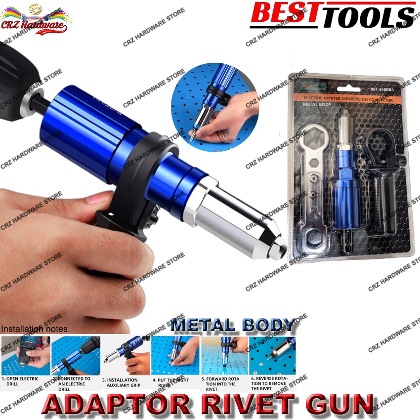 Rivet Gun Adapter Body Metal Adaptor Tang Rivet Pakai Bor BESTTOOLS