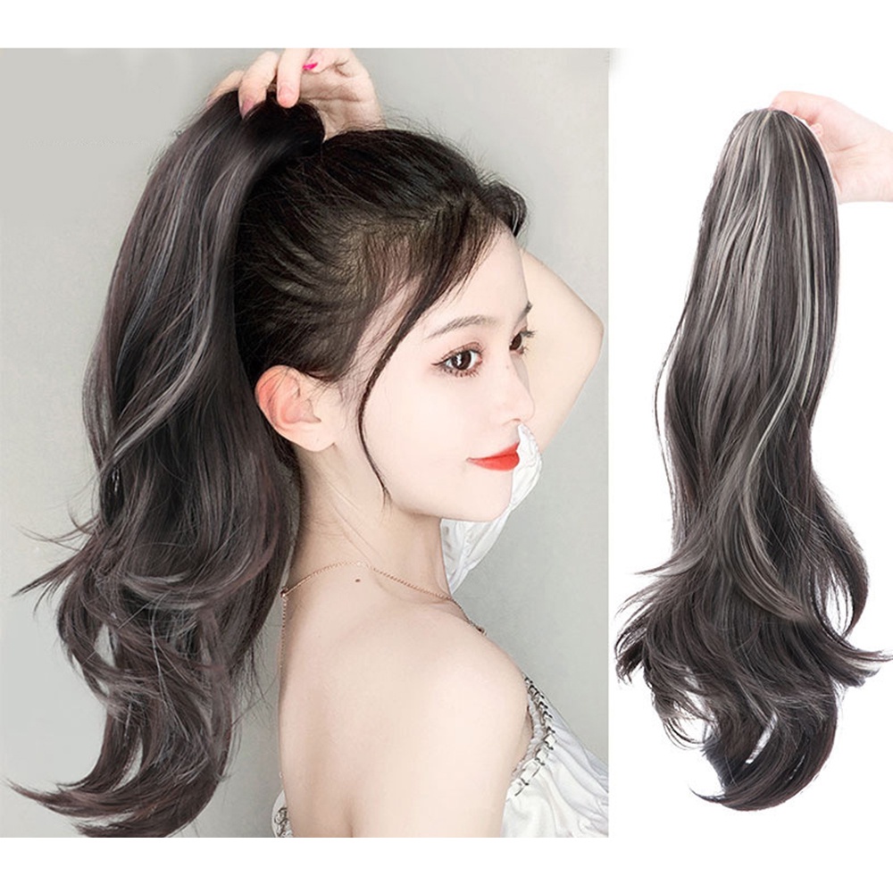 Keriting Alami Highlight Ponytail Wig Wanita Perempuan Ambil Gaya Panjang Berbulu Ekstensi Rambut