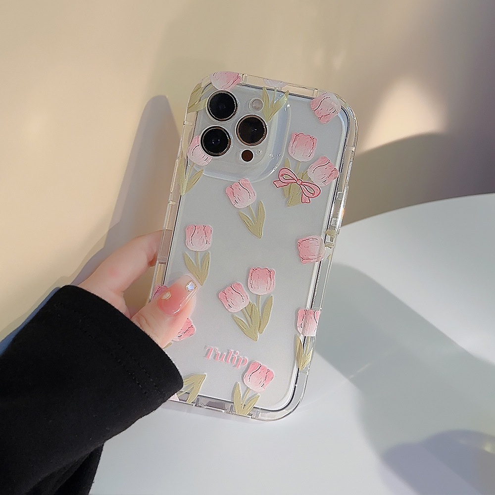 IPHONE Ins Pink Oil Tulips Silicone Case Dengan Tempat Tulip Untuk Iphone14 11 12 13 PRO MAX Casing Cover Pelindung AT0154
