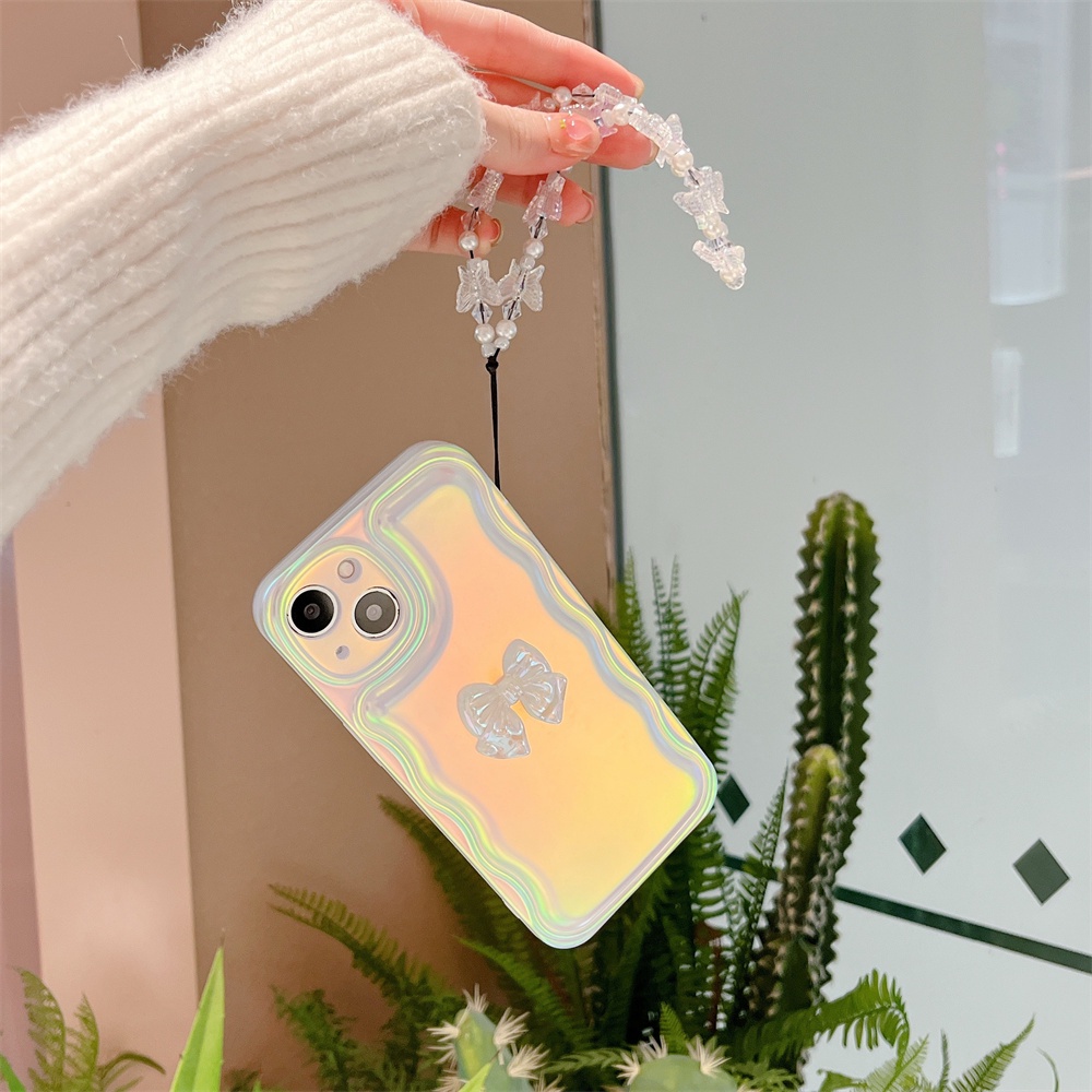 IPHONE Butterfly 3D Bow White Wavy Love Bracelet Phone Case Untuk Iphone14 12 13 Xsmax 11 Promax Electroplating Laser Soft Shell TPU Pelindung Bantal Udara Cover