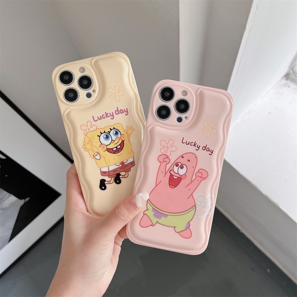 Spongebob Squarepants Bingkai Bentuk Gelombang Soft Phone Case Penutup Belakang Untuk Iphone 12Mini 13Mini 11Pro 14Plus XS XR XSMAX 14Promax 12 13 Air Cushion Cover Soft Tpu Case