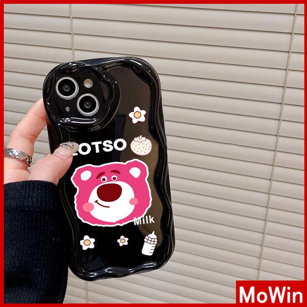 For iPhone 14 Pro Max iPhone Case 3D Curved Edge Wave Glossy Black TPU Airbag Shockproof Camera Cover Strawberry And Bear Compatible with iPhone 13 Pro max 12 Pro Max 11 xr xs